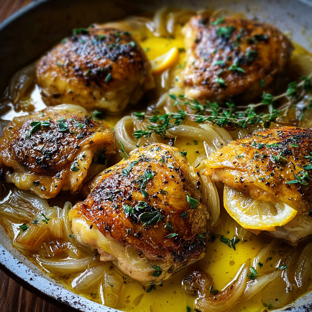 Lemon Dijon chicken thighs searing in skillet