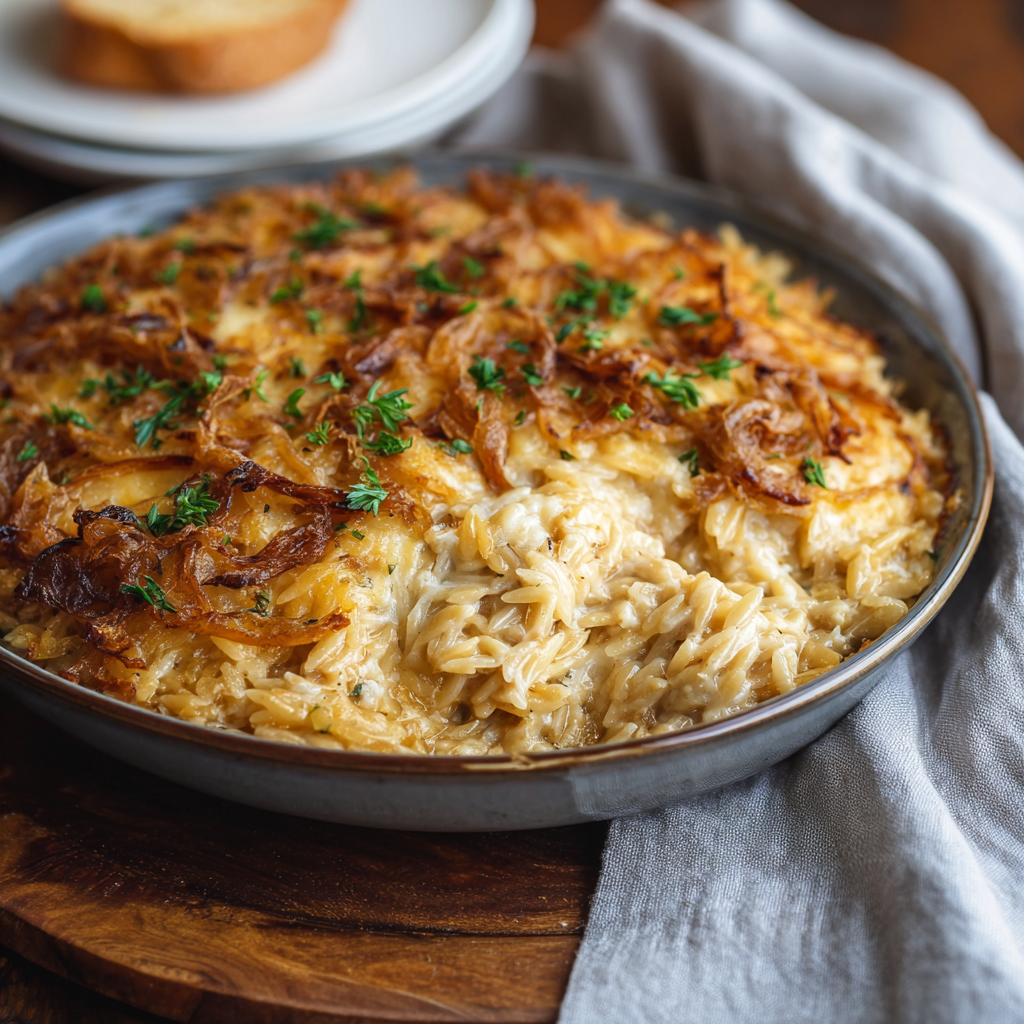 Cheesy golden crust on baked orzo and caramelized onions
