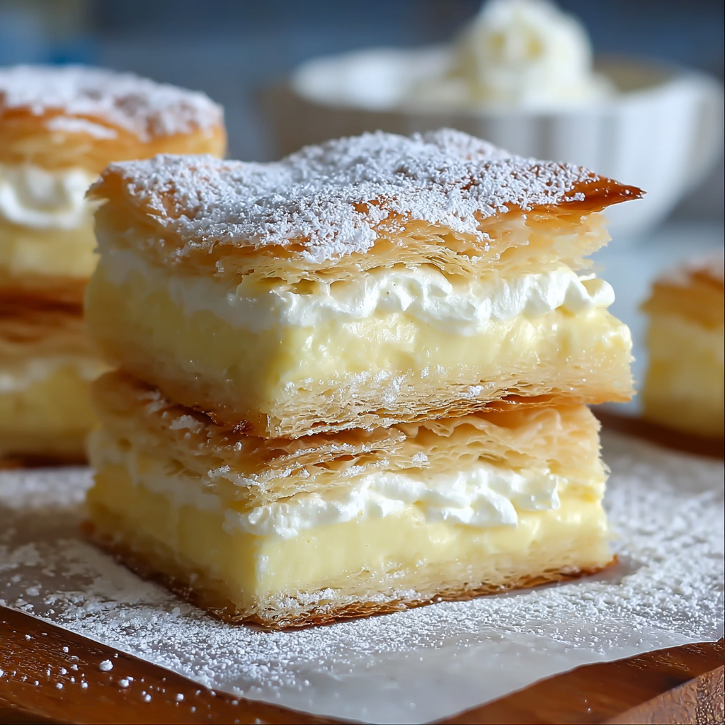 Creamy custard squares served on a plate