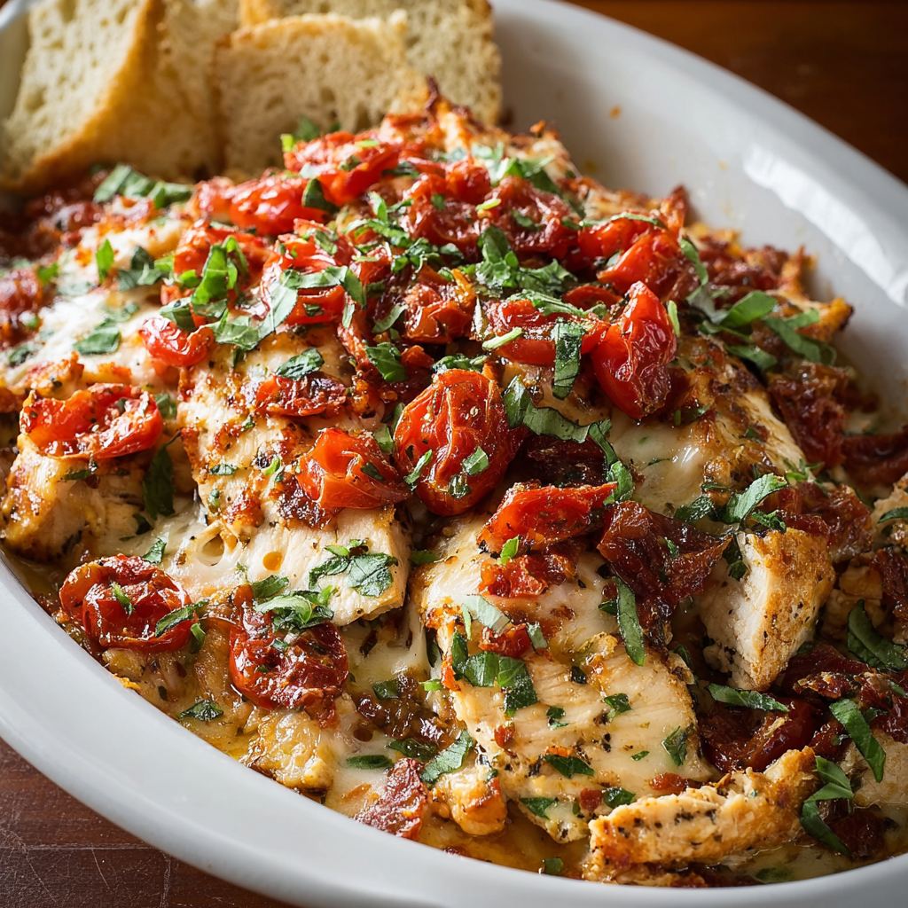Bruschetta chicken casserole fresh from the oven with golden baguette topping