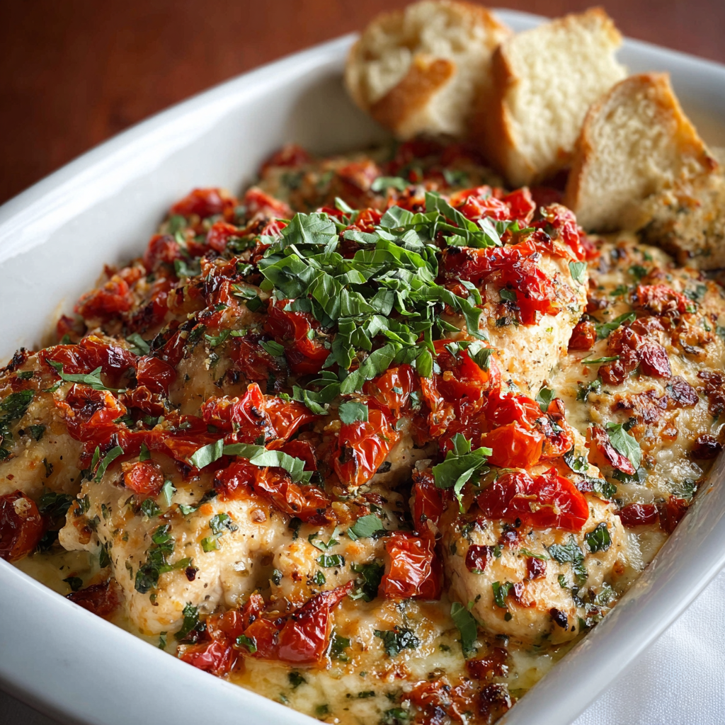 Close up of baked casserole showing melted cheese and tomato topping