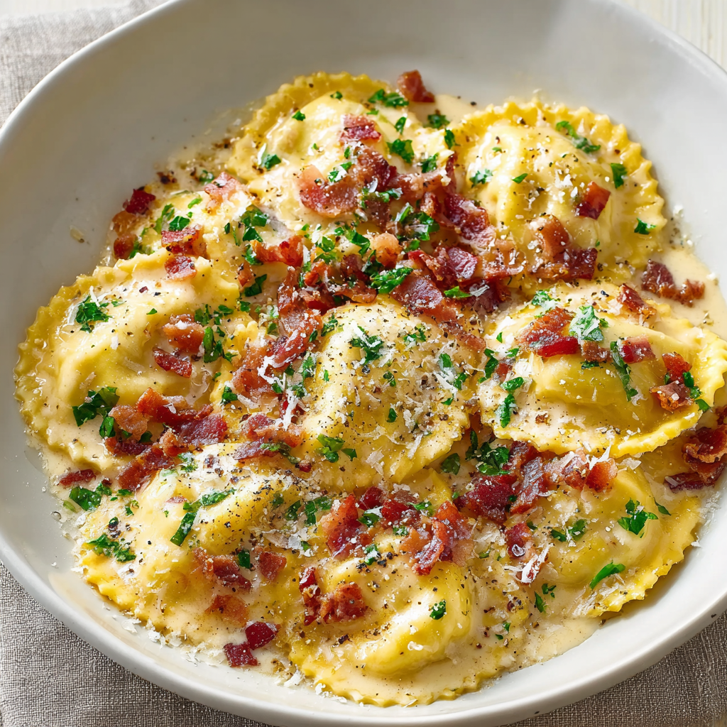 Creamy ravioli carbonara in a skillet with pancetta and cheese