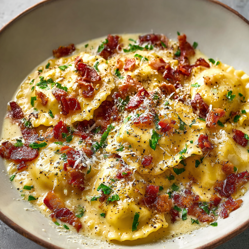 Plated ravioli carbonara with grated cheese and parsley
