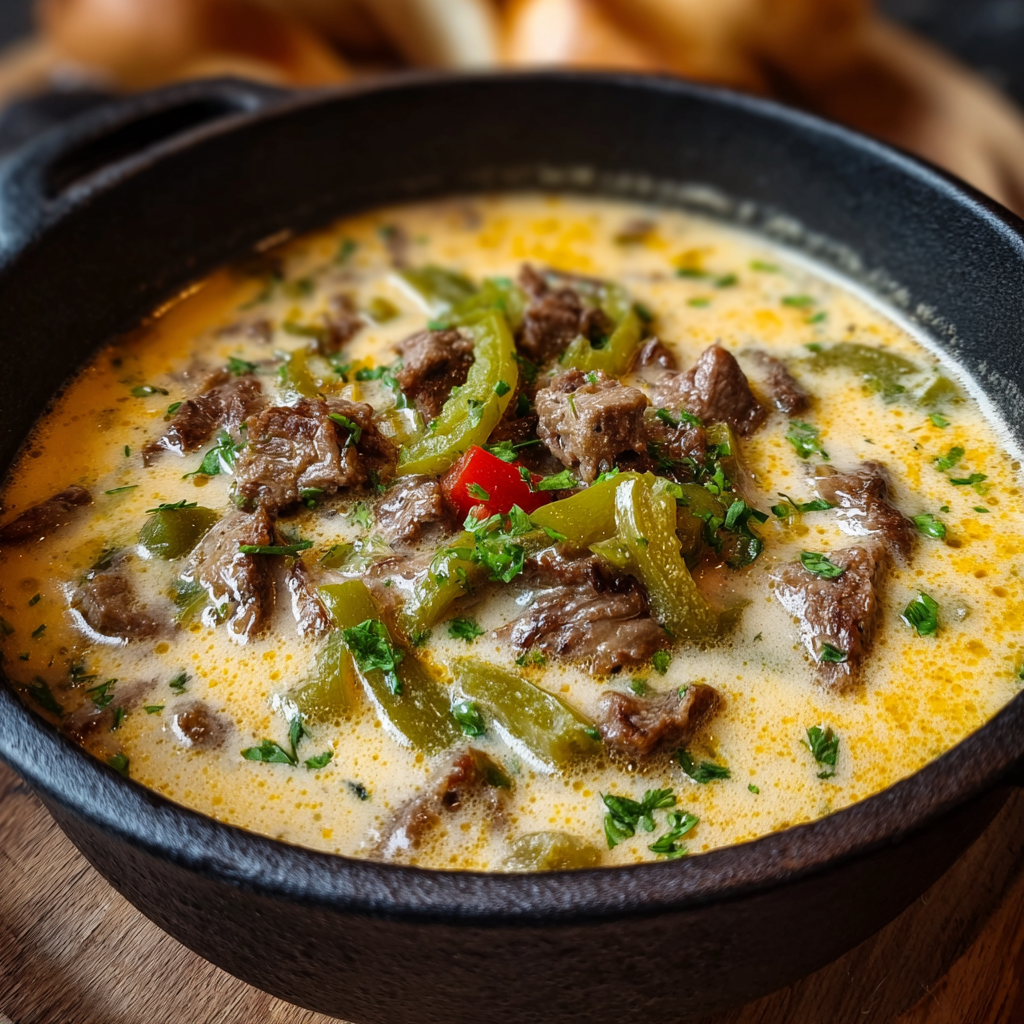 Ingredients laid out for Philly Cheese Steak Soup including peppers, onions, and mushrooms