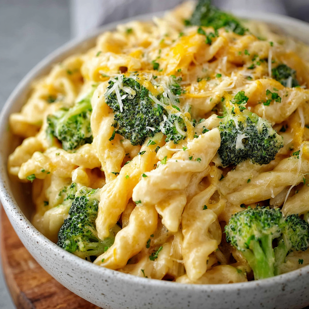 Close-up of cheesy pasta with broccoli