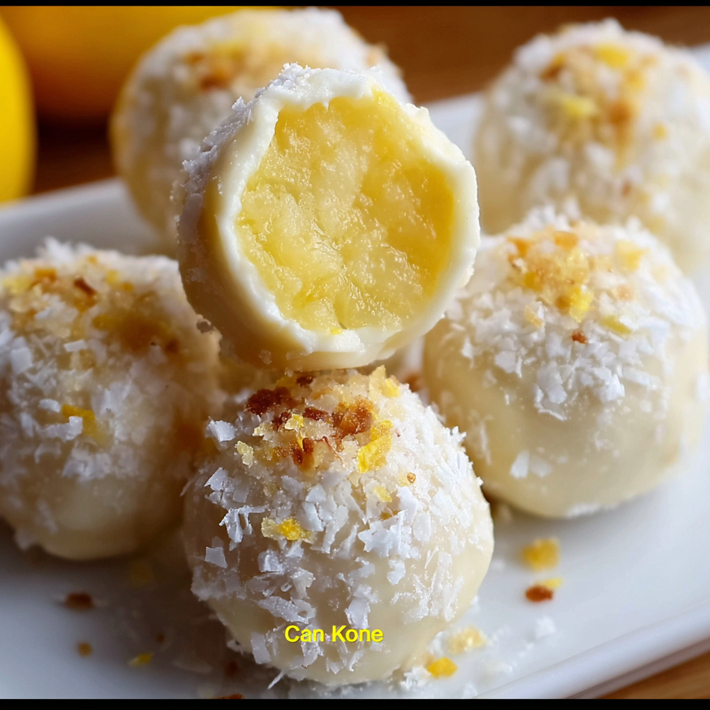 Close-up of a lemon truffle dusted with powdered sugar