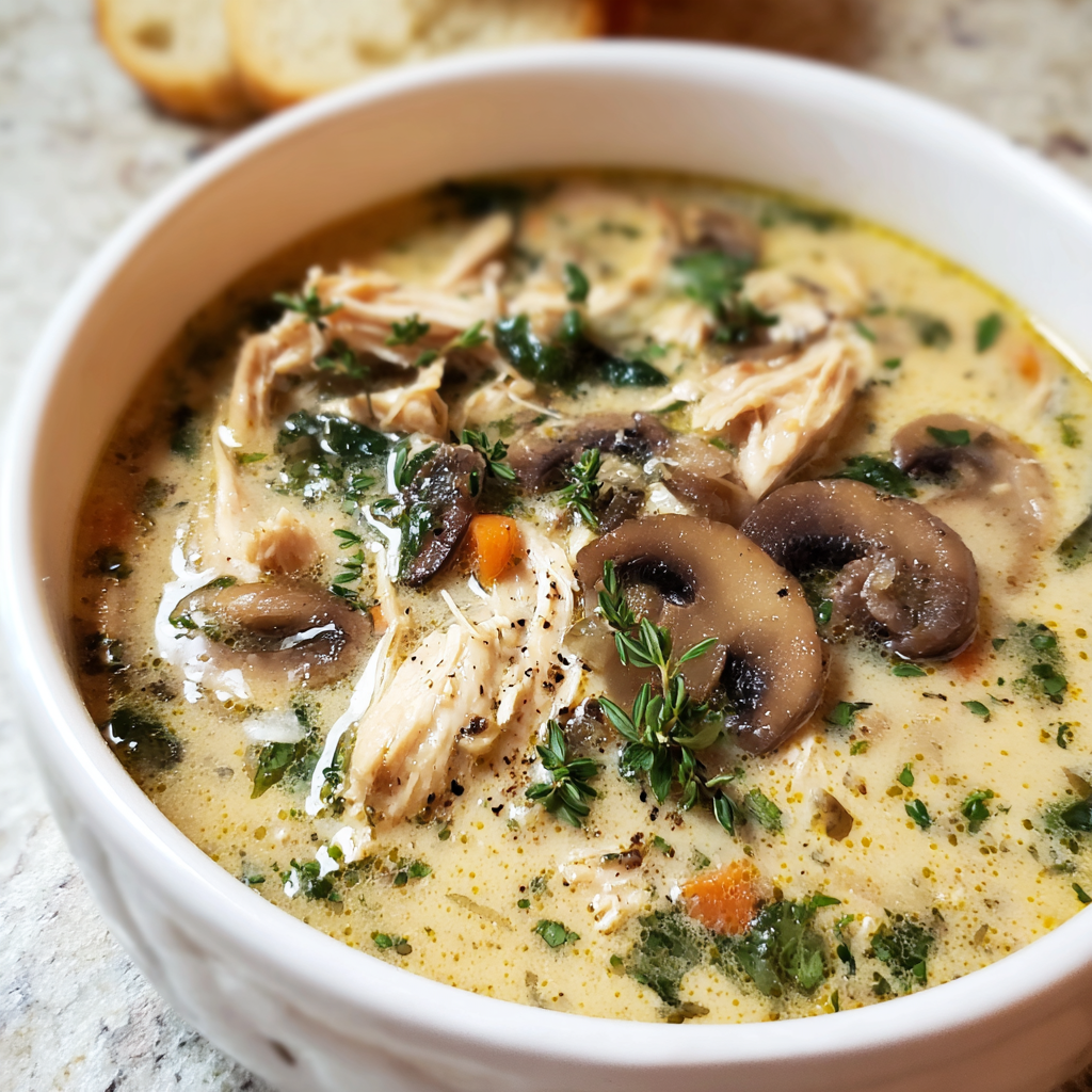 Bowl of rotisserie chicken and mushroom soup