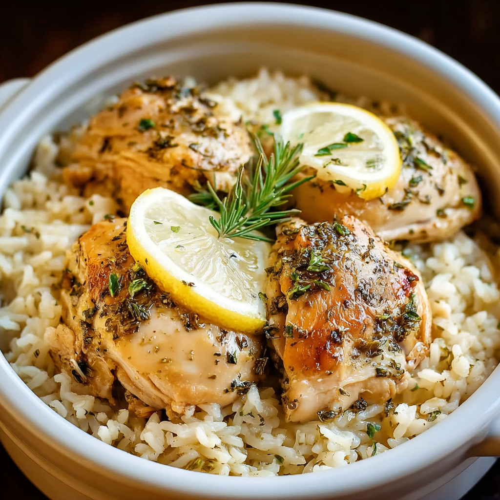 Slow cooker lemon herb chicken and rice close up
