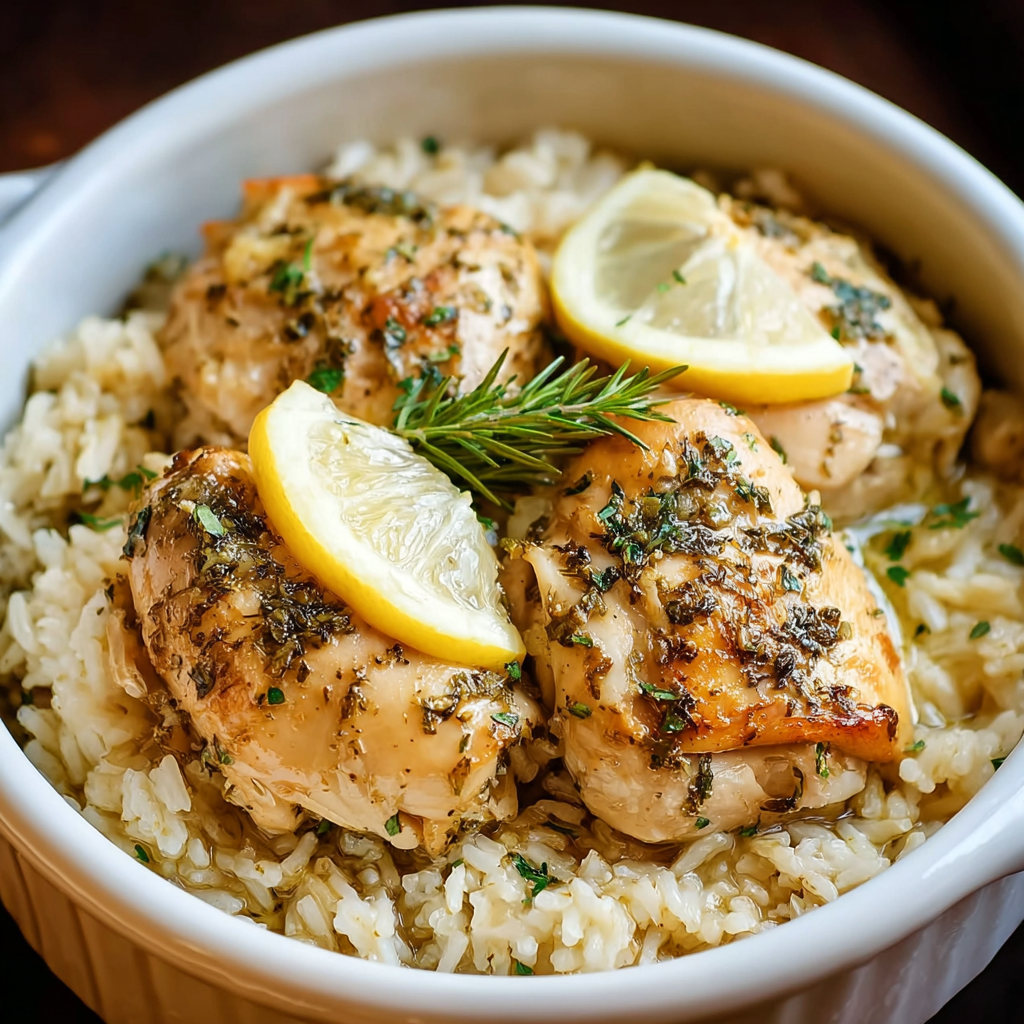 Plated lemon herb chicken and rice garnished with parsley