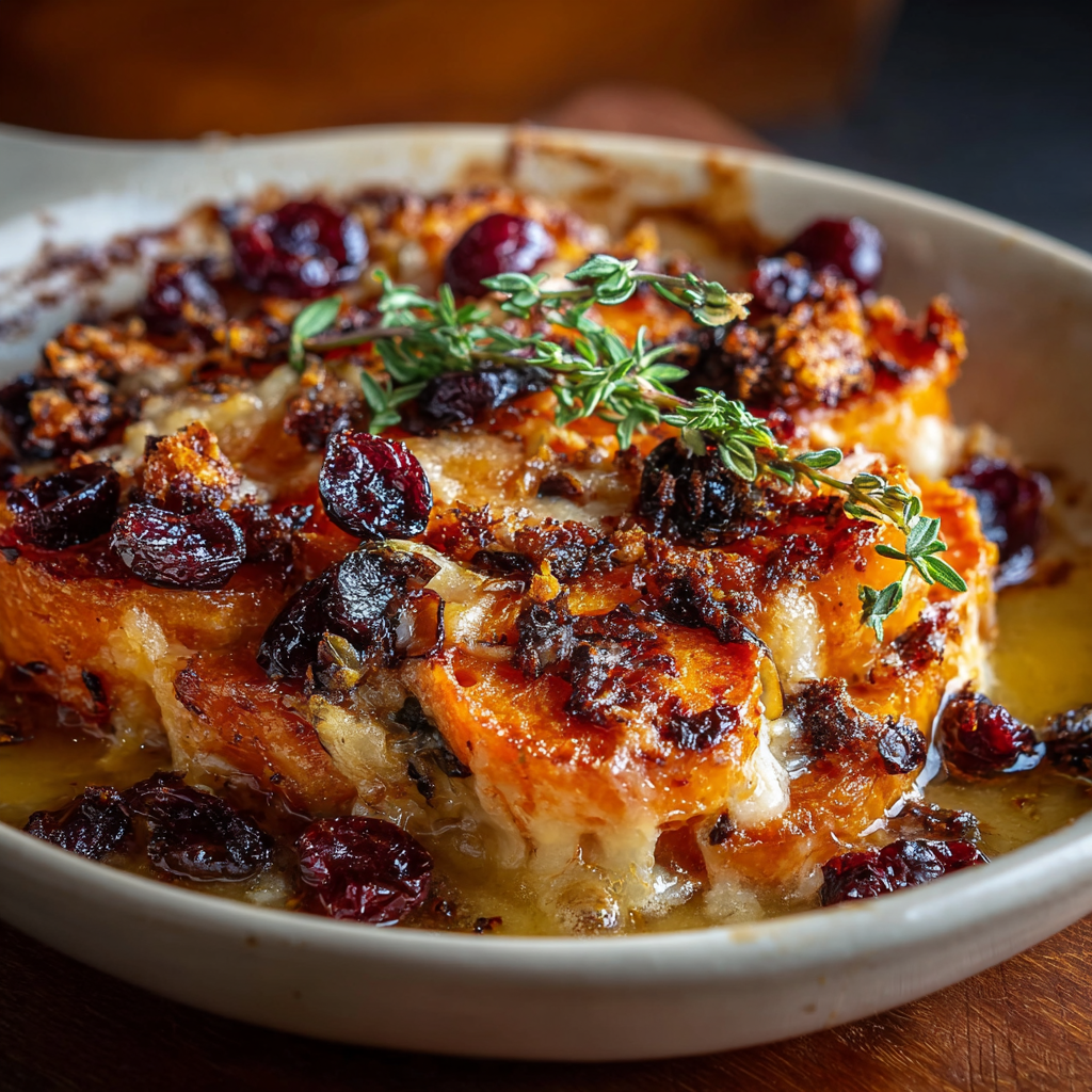 Sweet Potato and Cranberry Gratin in baking dish