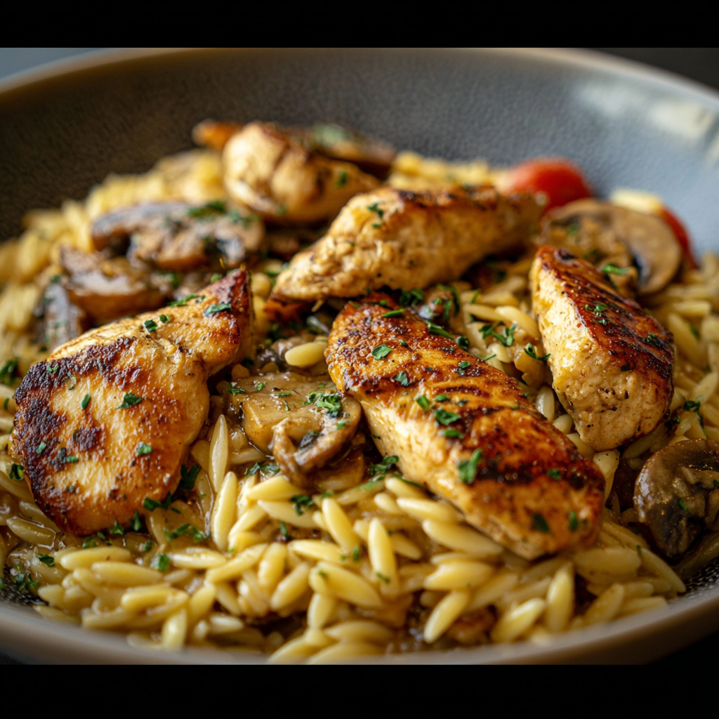 Marsala Chicken Orzo in skillet
