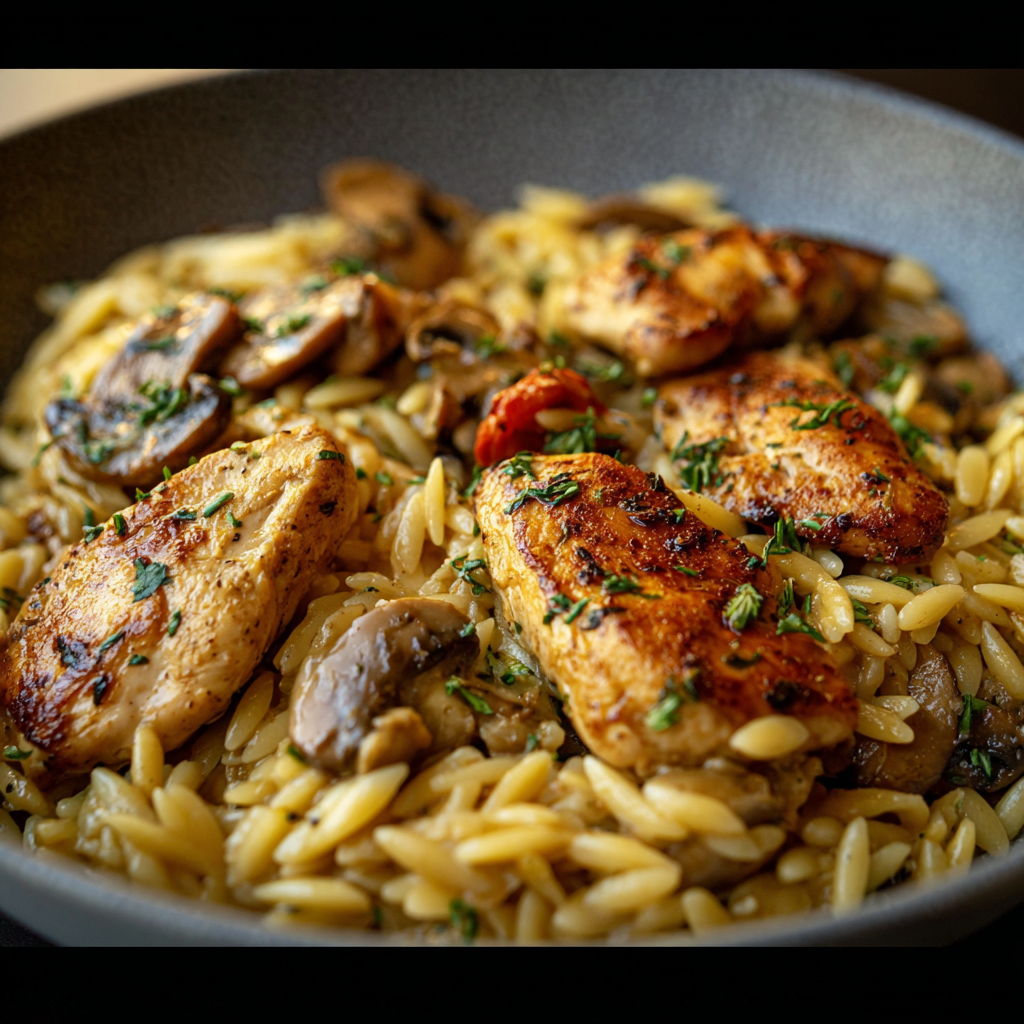 Close-up of creamy orzo and mushrooms