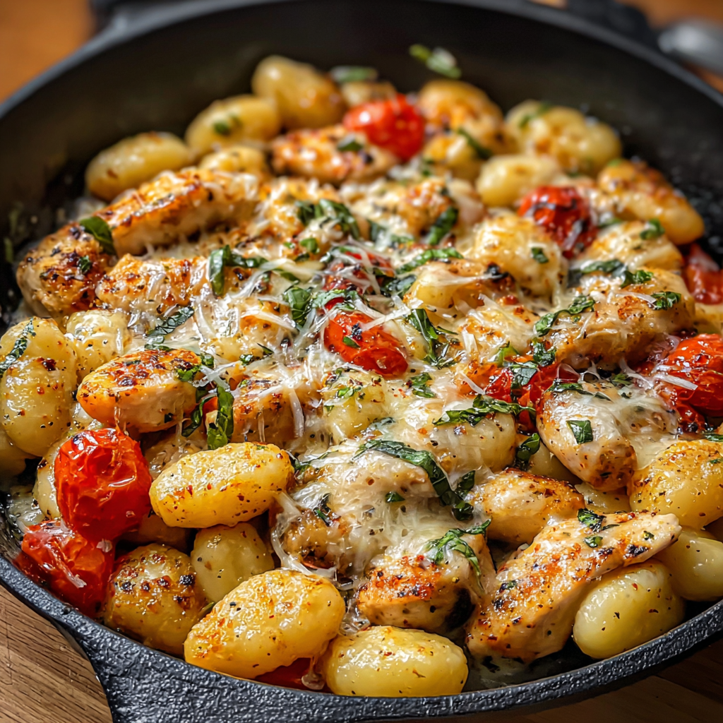 Garlic chicken gnocchi in skillet, close-up