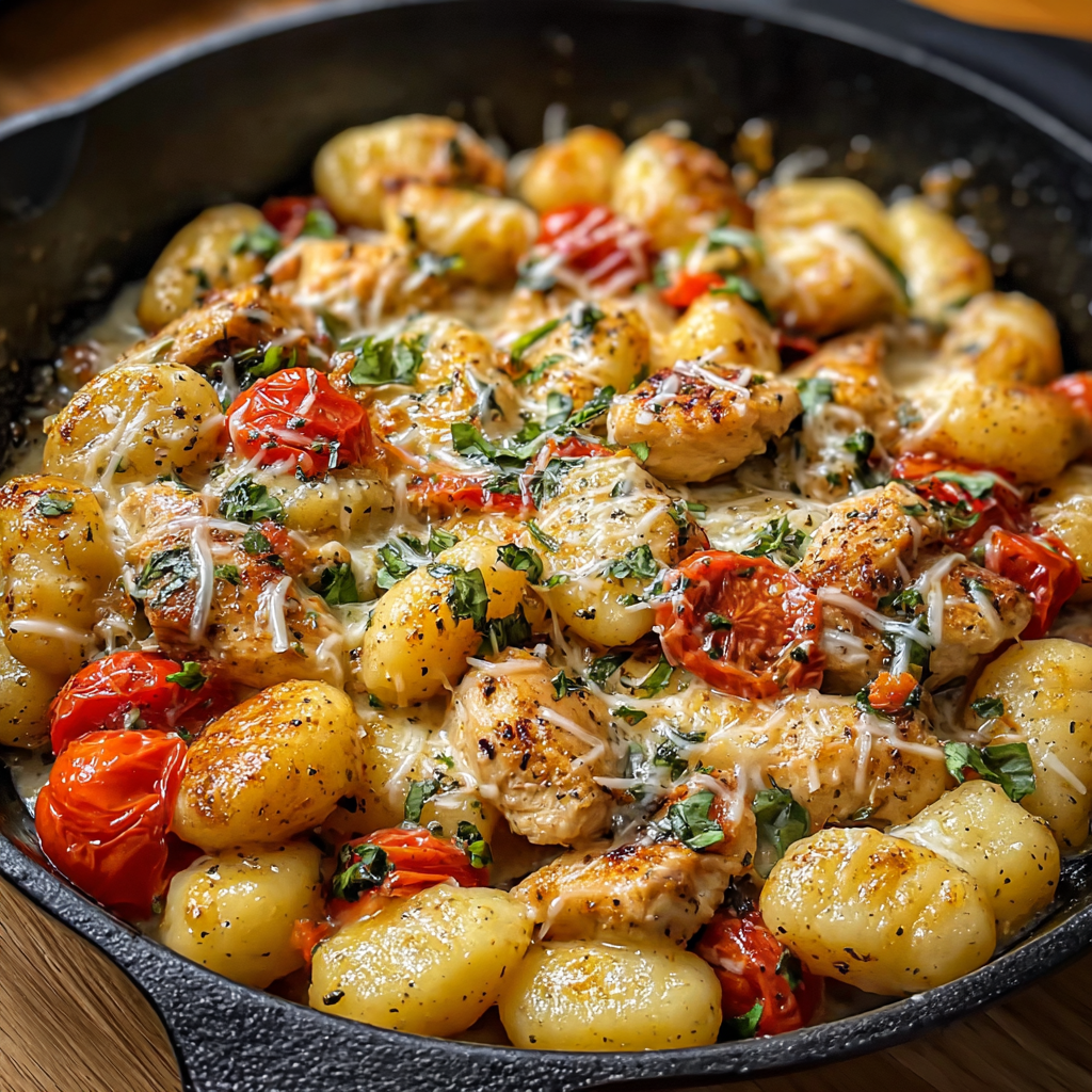 Skillet with creamy gnocchi and spinach