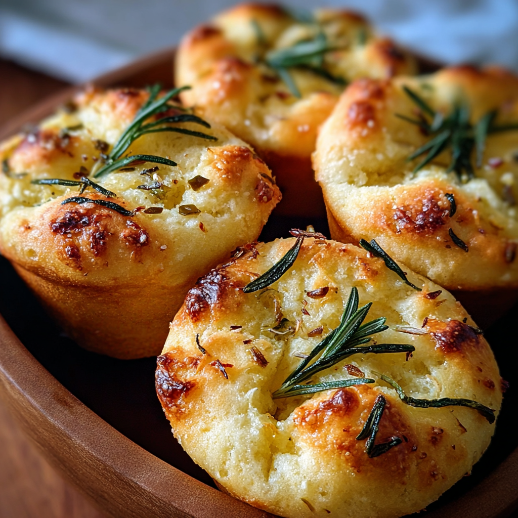Garlic rosemary focaccia muffins in a muffin tin