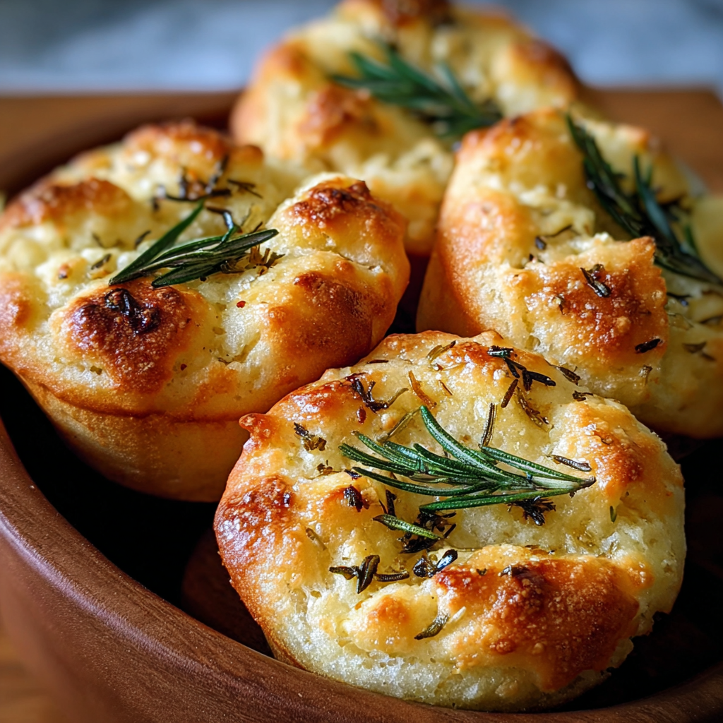 Close up of golden focaccia muffin with rosemary