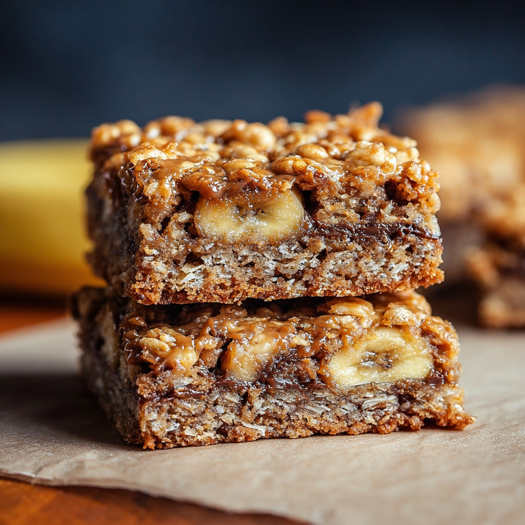 Stack of banana oatmeal bars with a coffee cup