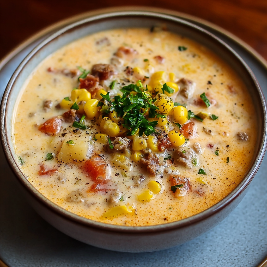Bowl of creamy cowboy soup with cheddar and green onions