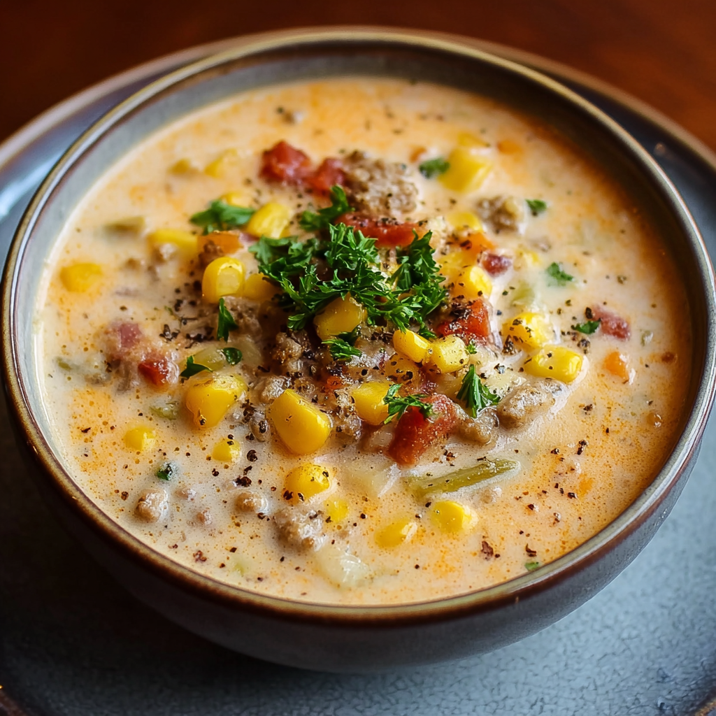 Spoon scooping creamy cowboy soup showing beans and corn
