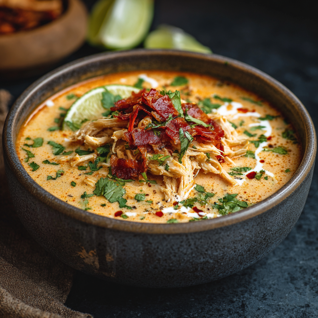 Creamy chicken enchilada soup in a bowl with cilantro and chips
