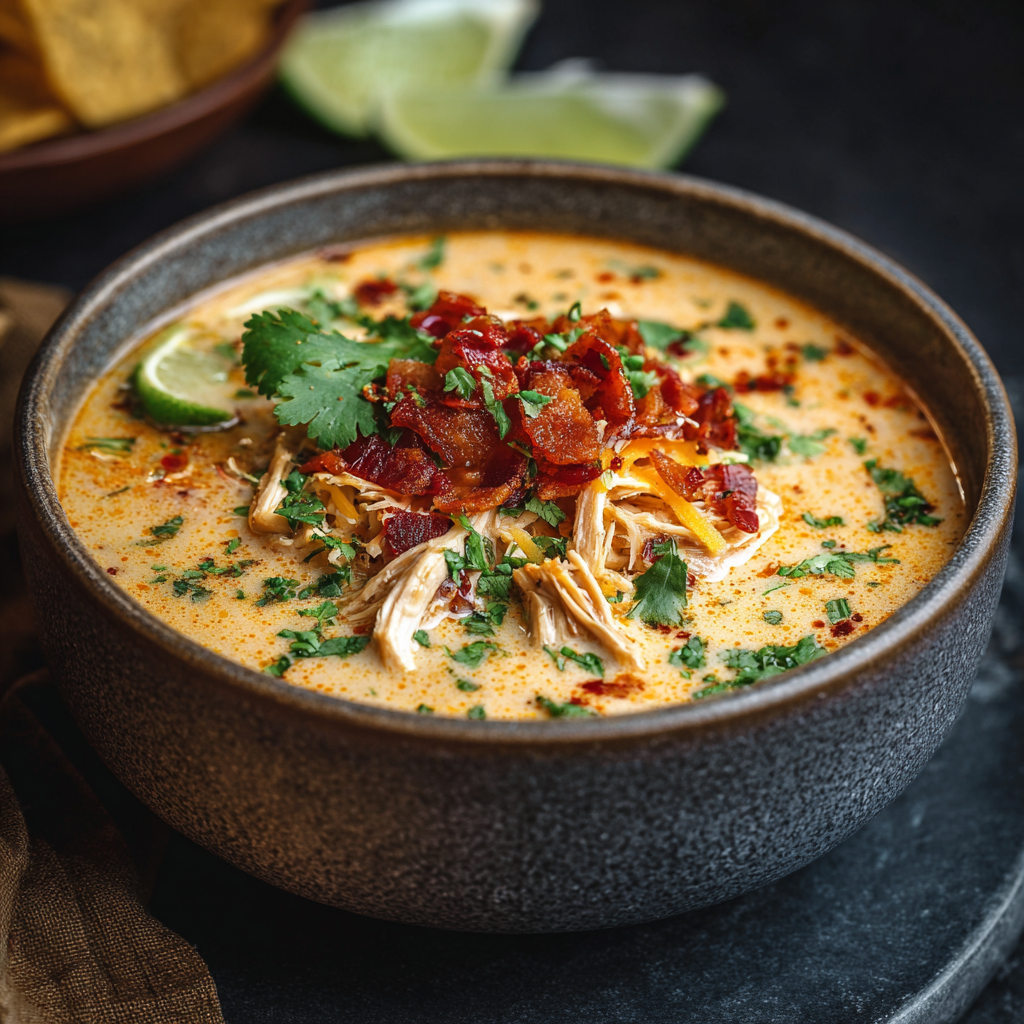 Spoon lifting creamy soup from a pot with shredded chicken visible