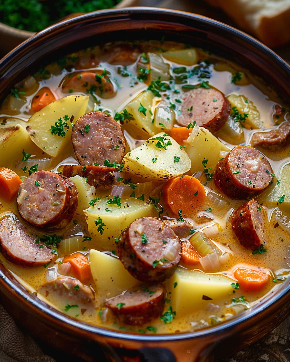 Bowl of Cajun potato soup with andouille slices