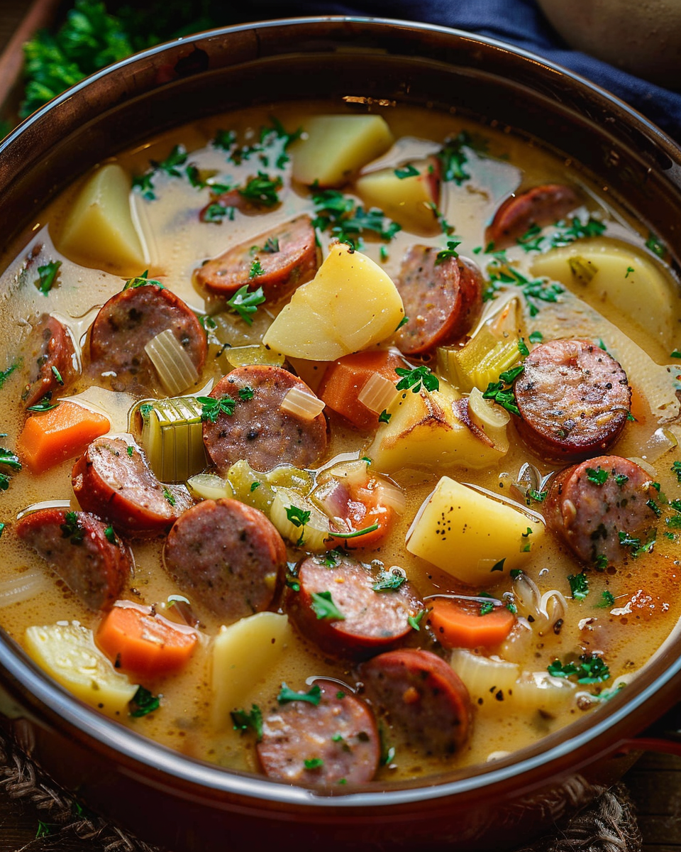 Close-up of andouille sausage slices cooking in pot