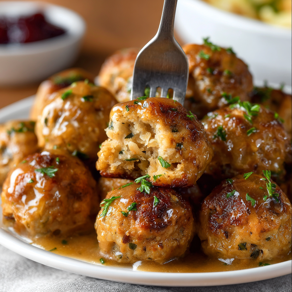 Golden baked stuffing balls on a baking sheet