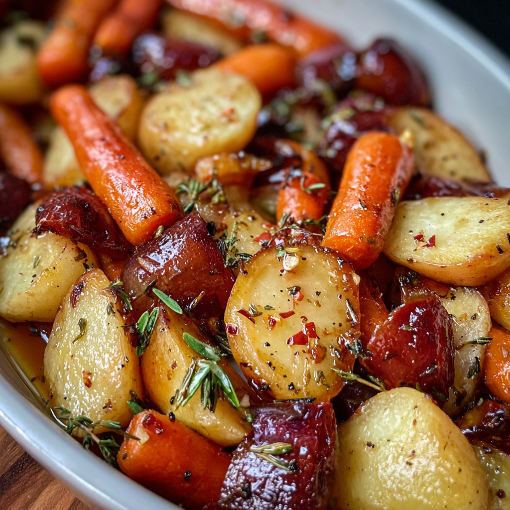 Close-up of roasted apple slices and carrot pieces glazed with maple Dijon