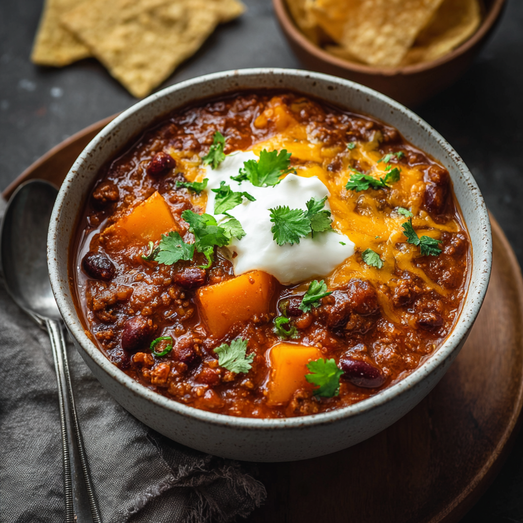 Bowl of pumpkin chili with garnishes
