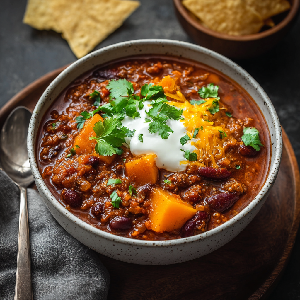 Serving bowl with chili and avocado garnish