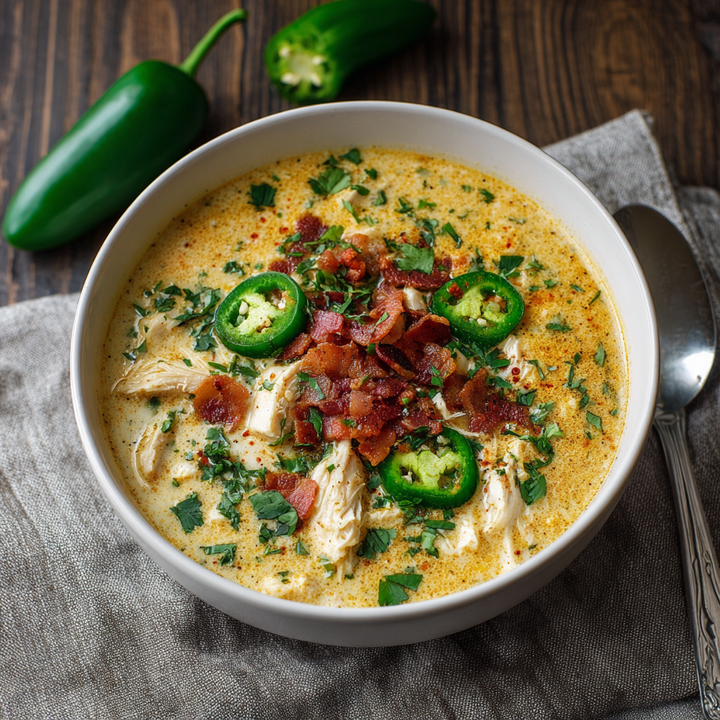 Bowl of spicy jalapeño popper chicken soup with cilantro garnish