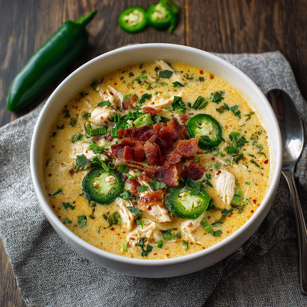Close up of shredded chicken and jalapeño pieces in creamy soup
