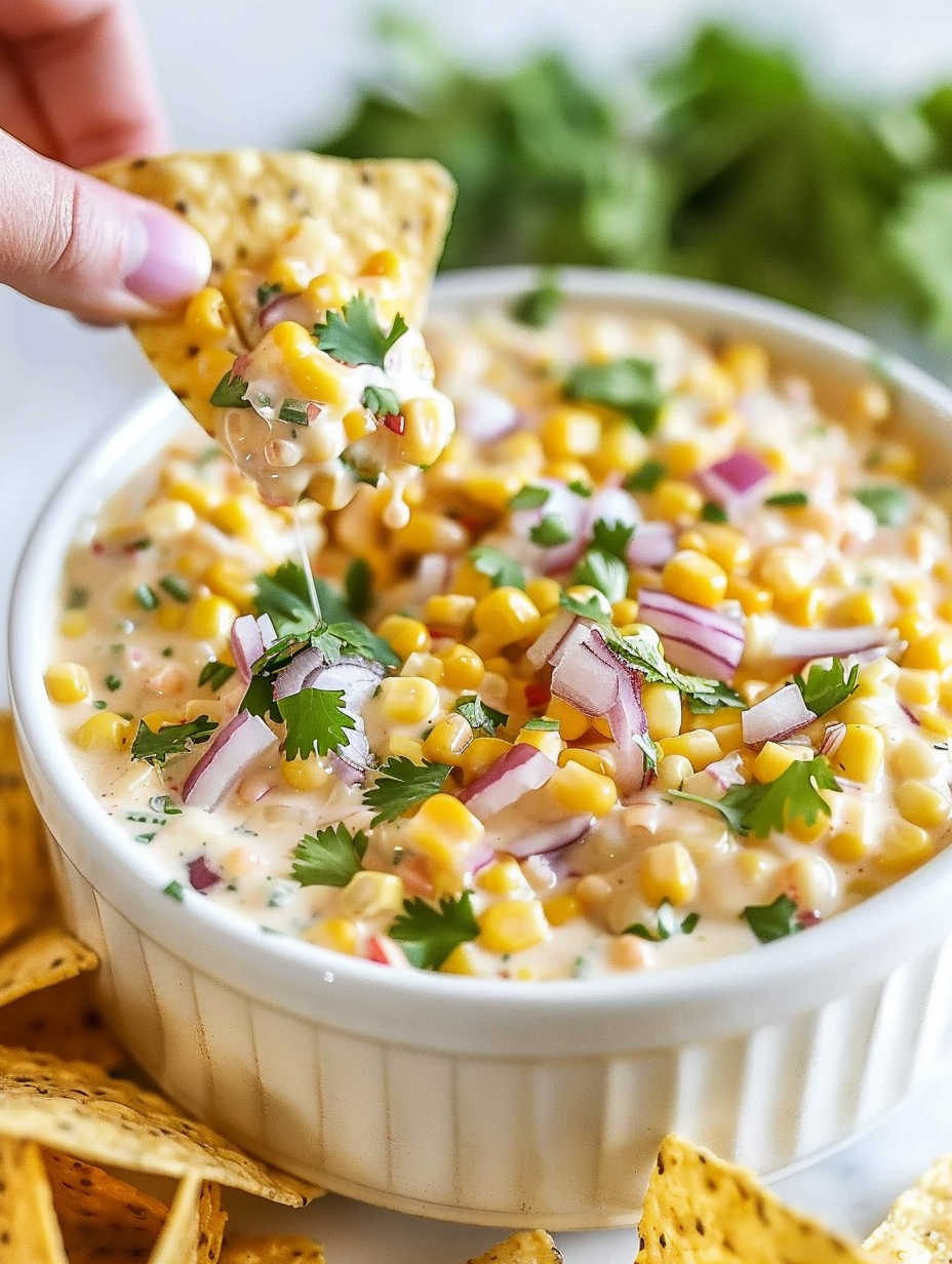 Creamy baked corn dip in a baking dish