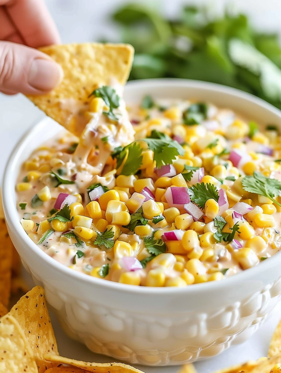 Close up of corn dip with garnishes