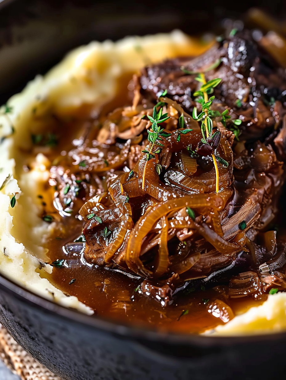 Sliced pot roast with glossy onion jus and rosemary garnish