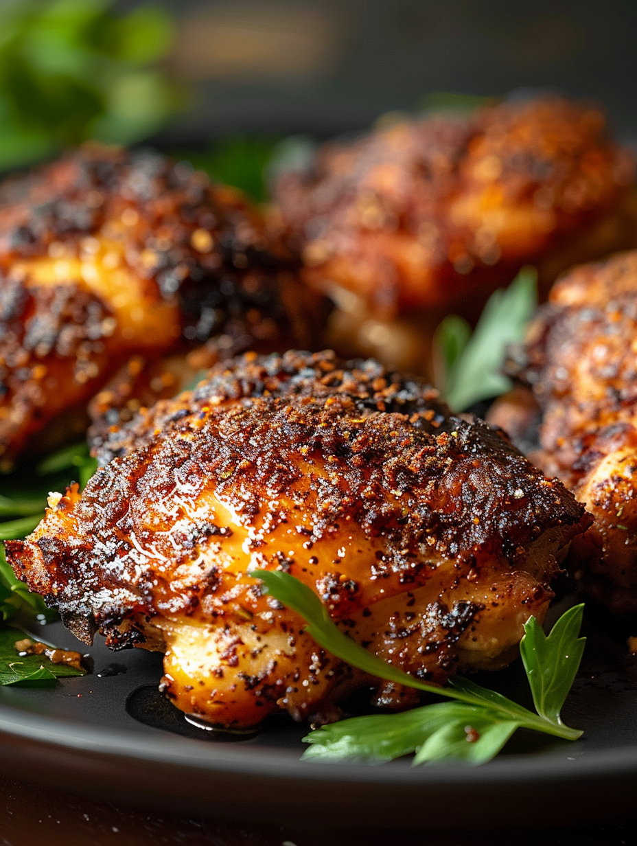 Serving platter of crispy chicken thighs with garnish