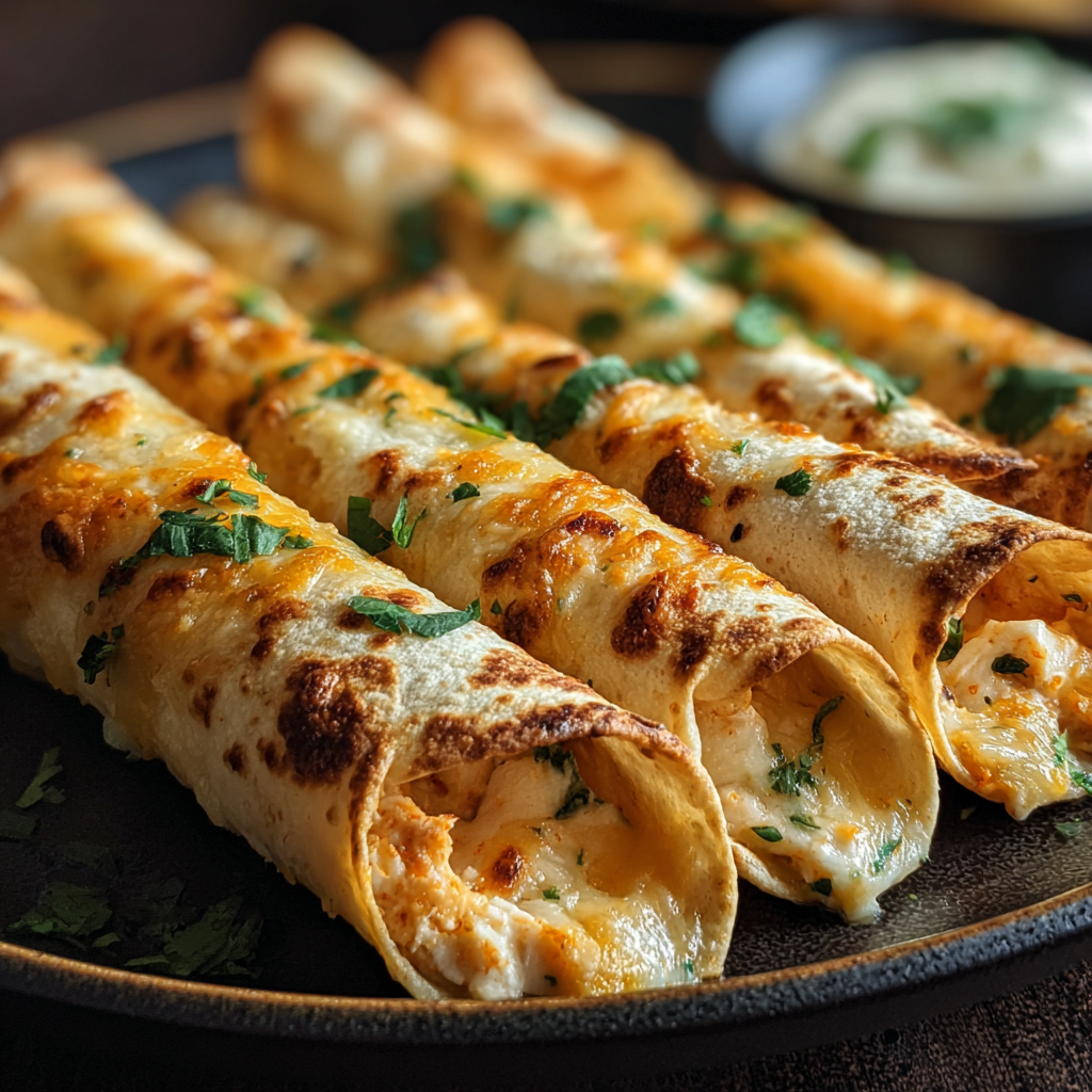 Baked crispy chicken taquitos on a baking sheet