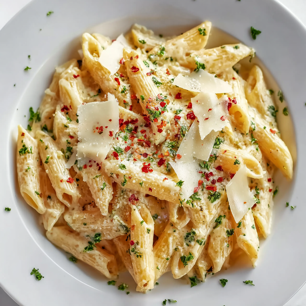 One pot creamy garlic pasta in skillet