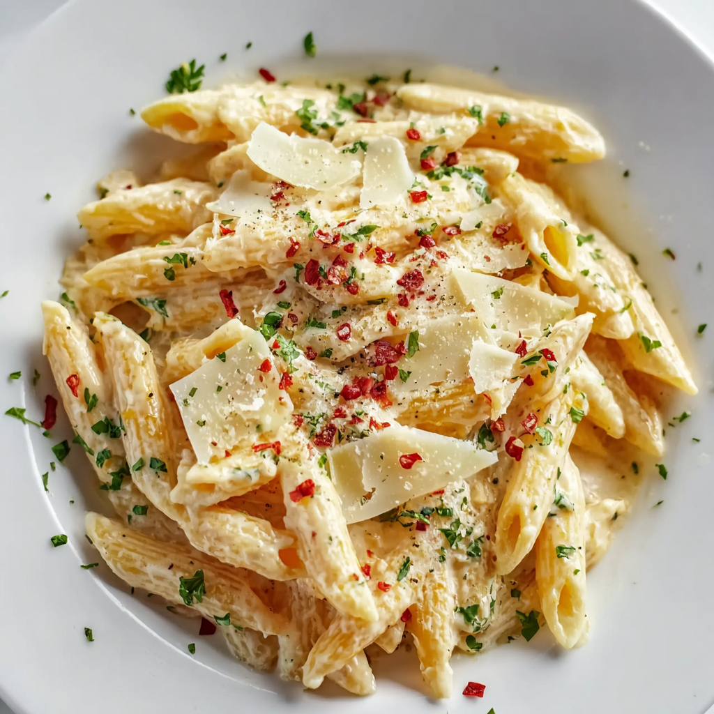 Plated creamy garlic pasta with parsley garnish
