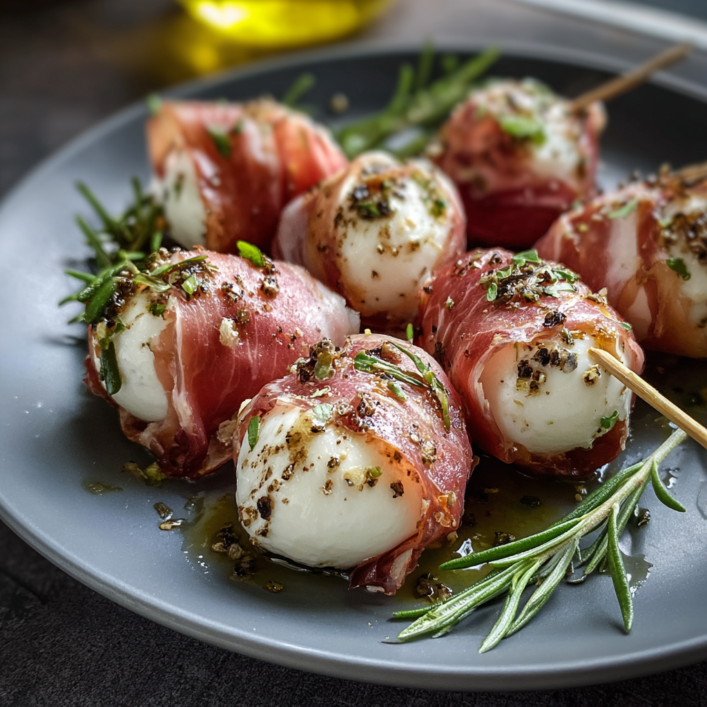Prosciutto wrapped mozzarella bites on a baking sheet
