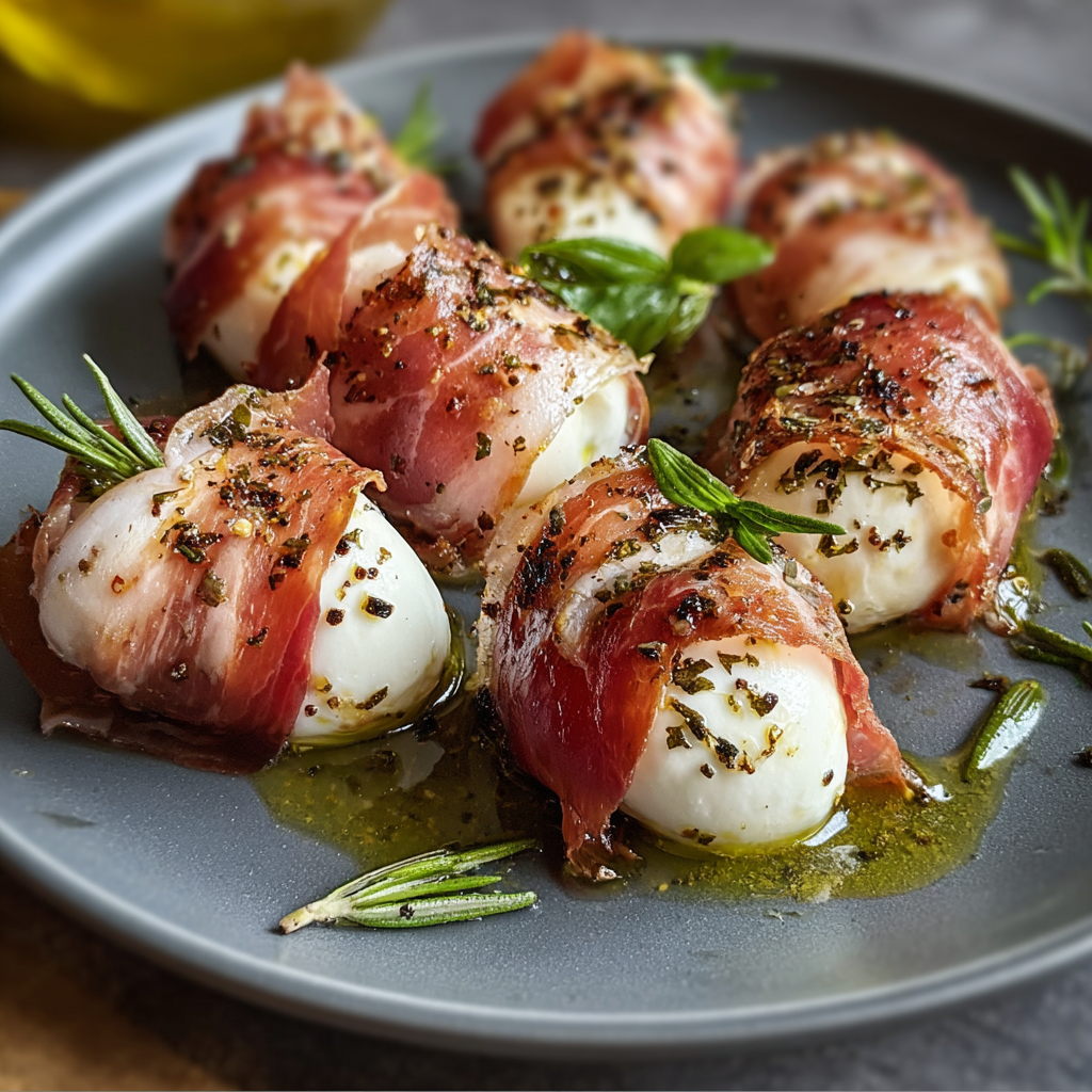 Close up of a single prosciutto wrapped mozzarella bite garnished with basil