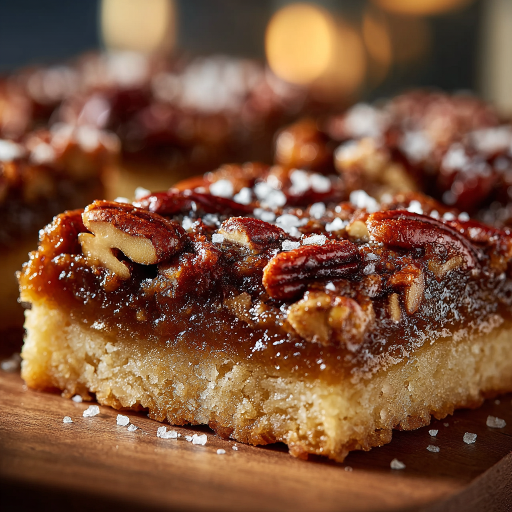 Sliced maple pecan bars on a wooden board
