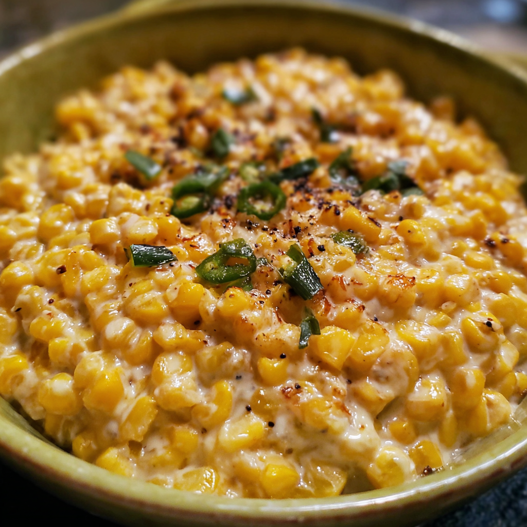 Close-up of creamed corn texture with jalapeño pieces visible