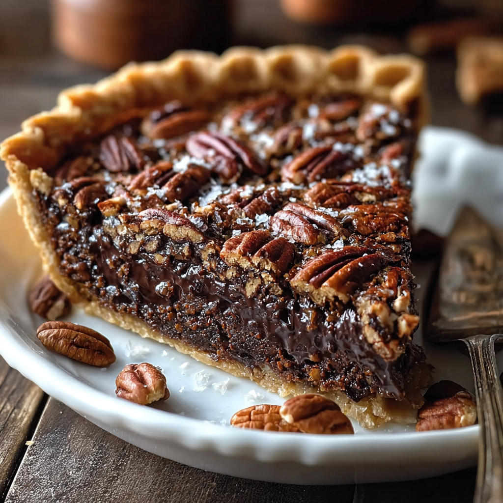baked Texas chocolate pecan pie in a pan
