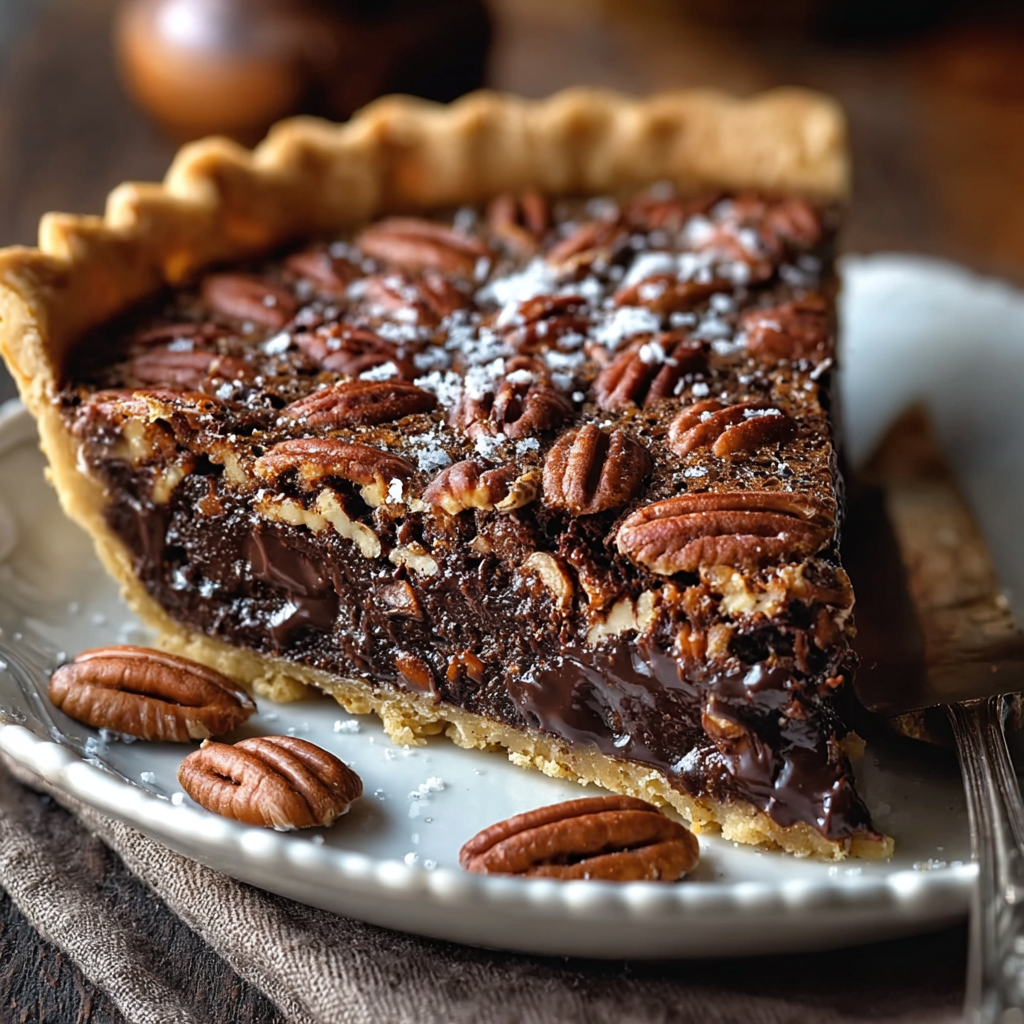 close-up of pecan halves and melted chocolate in pie