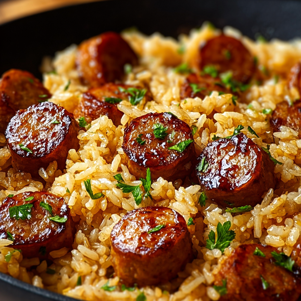 Sliced smoked sausage caramelizing in skillet