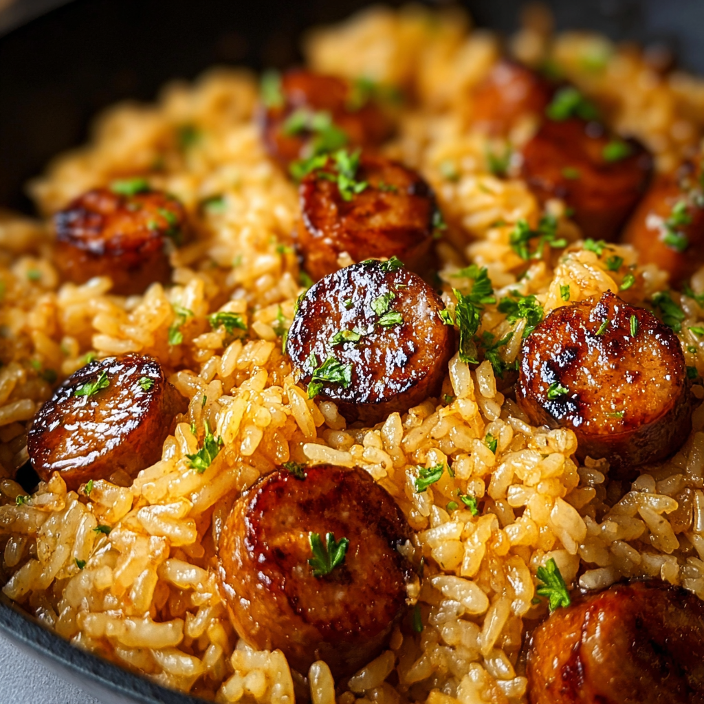 Finished sausage and rice garnished with parsley
