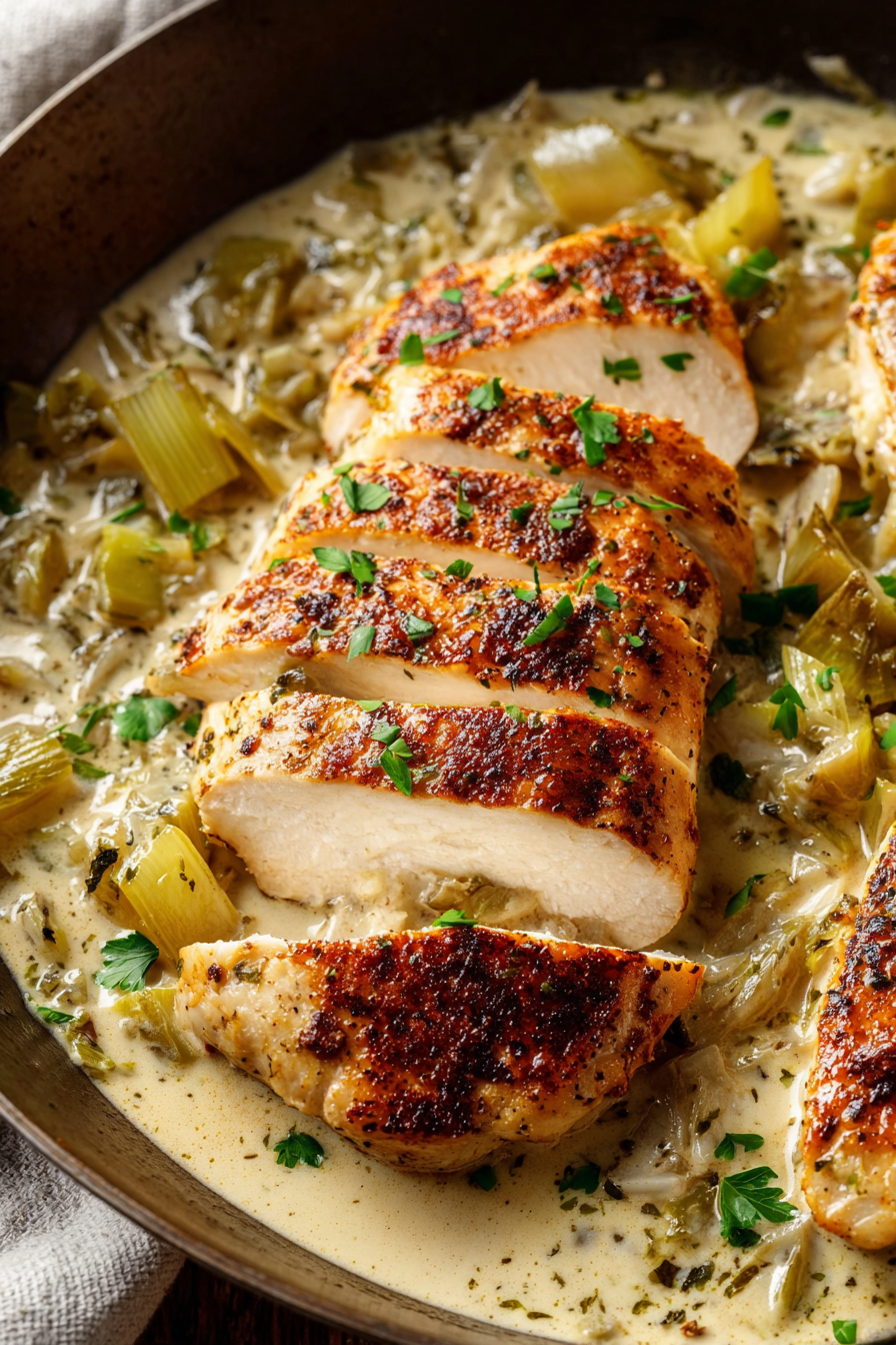 Finished chicken with creamy leek sauce plated