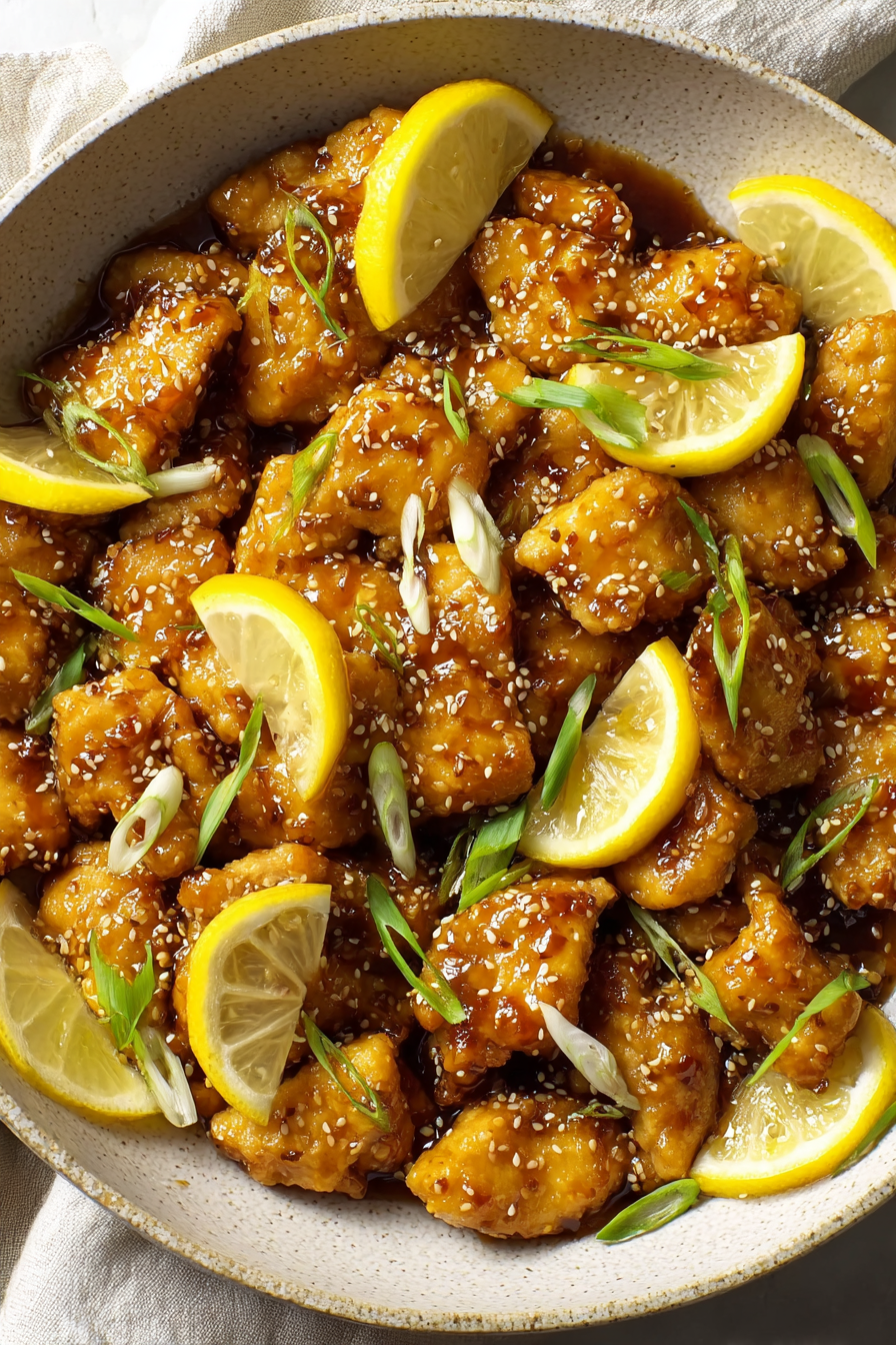 Plated lemon chicken with rice and scallions